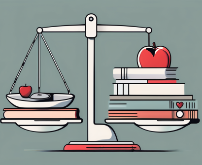 A balanced scale with teaching tools like a laptop