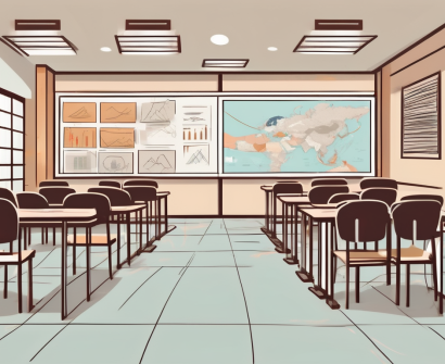 A classroom setting in bangkok with diverse educational tools and cultural symbols