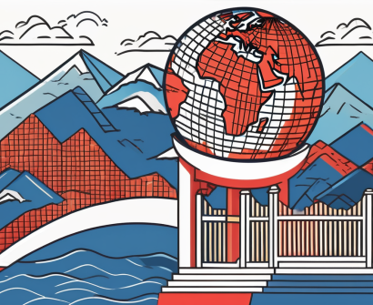 A globe surrounded by various symbolic barriers such as a brick wall