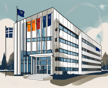 The tallinn international school building with a variety of international flags waving in the wind