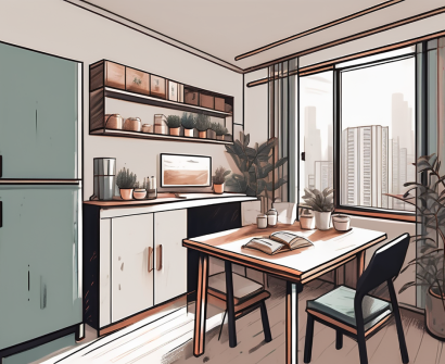 An apartment interior in china with a desk containing teaching materials and textbooks