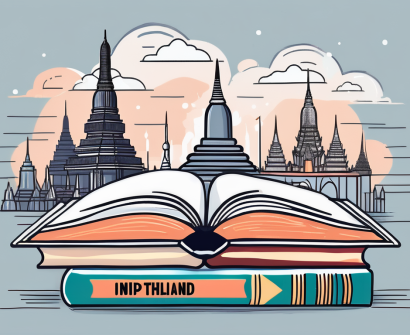 An open book with a graduation cap on one side and thailand's iconic landmarks on the other