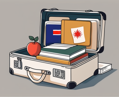 A suitcase open with neatly packed items such as textbooks