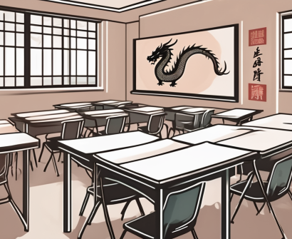 A classroom setting in hong kong with symbolic elements like a dragon (representing chinese culture) and an apple (representing education)