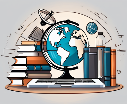 A globe surrounded by various educational tools like books
