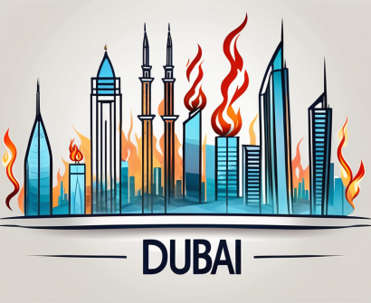 A symbolic representation of dubai's skyline with five flaming torches representing the burning higher education issues
