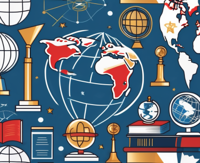 A globe with various iconic educational symbols (like a graduation cap