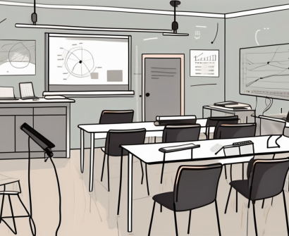 A classroom setting with various communication tools like microphones