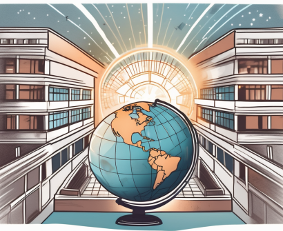 A globe with various iconic school buildings from around the world
