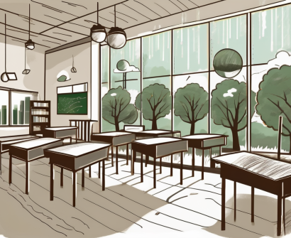A classroom with large windows showing various environmental elements like trees