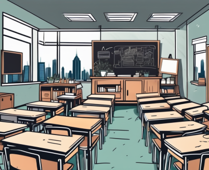 A cluttered classroom with mismatched furniture