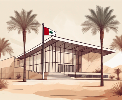 A modern international school building in kuwait with a flag