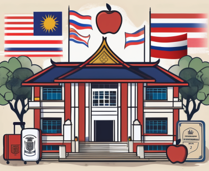 A traditional thai school building with various international flags flying
