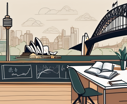 A classroom setting with a teacher's desk