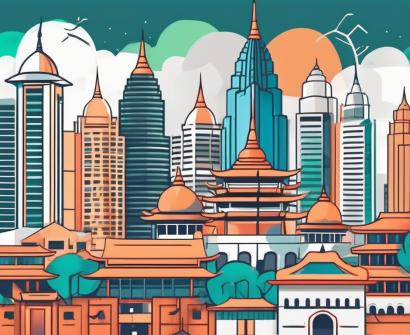A vibrant malaysian cityscape with prominent educational institutions and symbols of prosperity