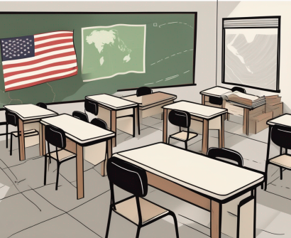 A classroom setting with american and vietnamese flags