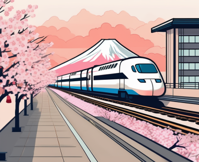 A japanese cityscape with various iconic elements like a shinkansen train