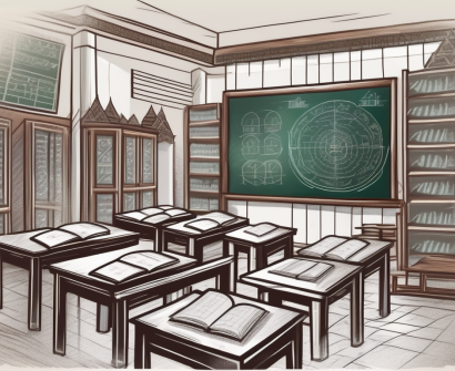 A classroom setting in thailand with a chalkboard displaying mathematical equations