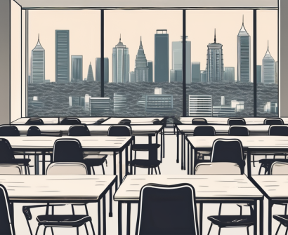 A classroom setting with empty desks and chairs