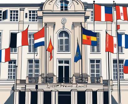 The lycée français saint-louis de stockholm building with a variety of international flags fluttering in the wind