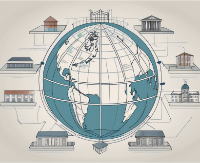 A globe with multiple pathways leading towards a traditional school building