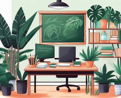 A classroom setting in thailand with a teacher's desk