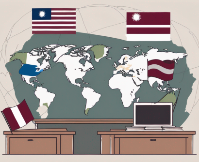 A classroom setting with international flags