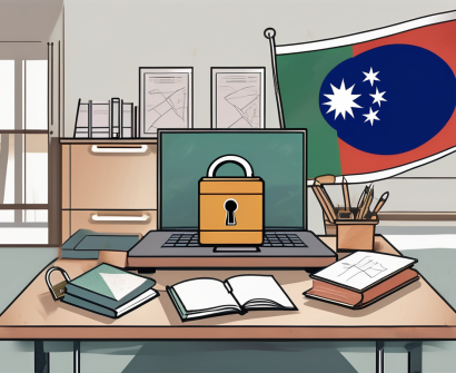 A classroom setting with a symbolic lock being opened on a teacher's desk