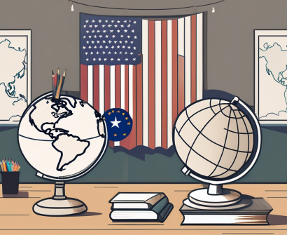 A classroom setting with american and malaysian flags