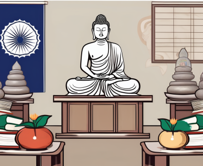 A classroom setting in thailand with cultural symbols such as a buddha statue