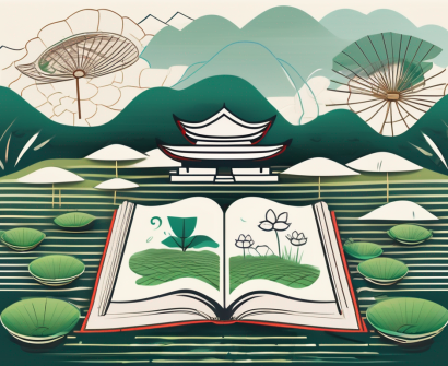 An open book surrounded by iconic vietnamese symbols like a lotus flower