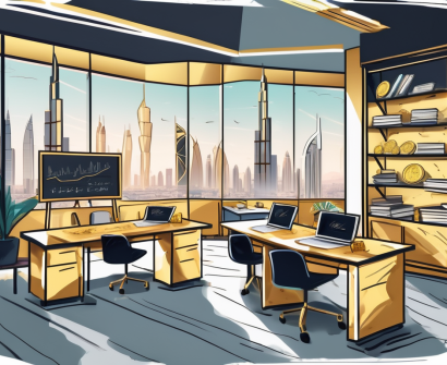 A vibrant classroom setting in dubai with a view of the city's iconic skyline