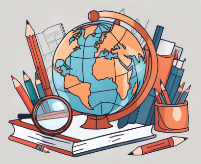 A globe with different educational tools like books