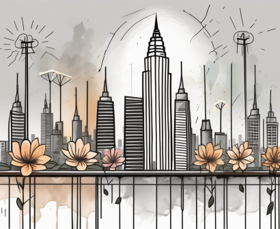 A typical bangkok cityscape with symbolic elements such as a broken pencil
