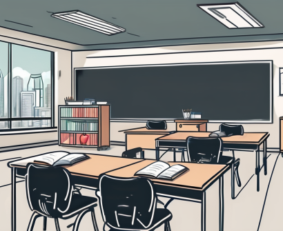 A classroom setting in singapore with a teacher's desk