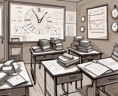 A classroom in thailand with a teacher's desk cluttered with papers and books