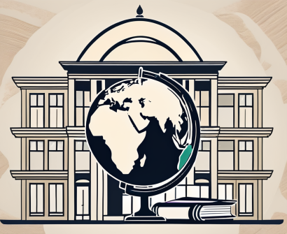 A saudi arabian international school building with a pile of textbooks and a globe