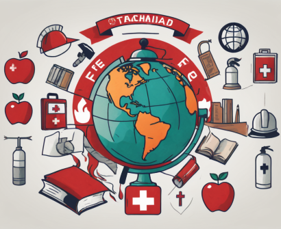 A globe with various school-related symbols such as a graduation cap