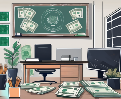 A classroom setting with a chalkboard displaying various malaysian currency notes and a teacher's desk with a pgce certificate on it