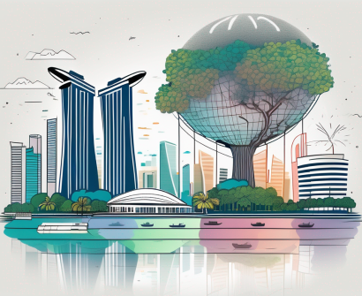 A vibrant singapore cityscape featuring iconic landmarks like marina bay sands and the supertree grove