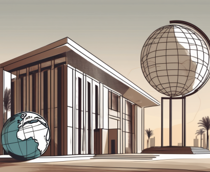 A dubai public school building with a globe and a certificate (representing ipgce) in the foreground