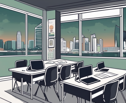 A classroom setting in singapore with a teacher's desk filled with various teaching materials and a chalkboard