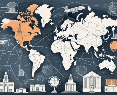 A global map with various iconic school buildings