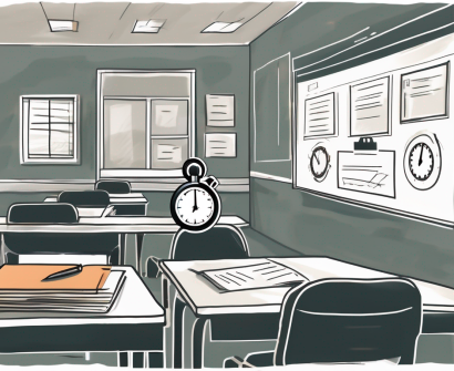 A classroom setting with highlighted elements such as a report card