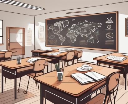 A classroom setting with various language symbols floating over desks