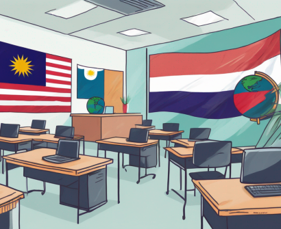 A classroom setting with various international flags