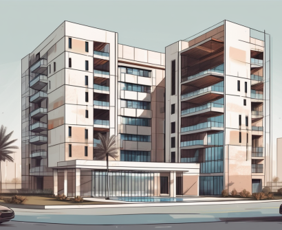 A modern apartment building in qatar with a school nearby