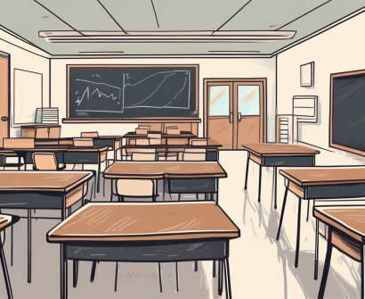 A classroom setting with empty chairs