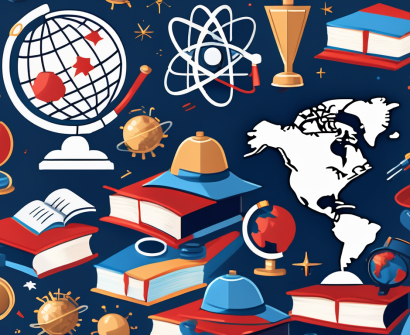 A globe with various iconic educational symbols like books