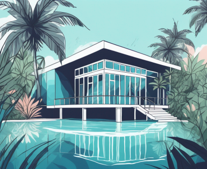 A serene maldivian school building surrounded by lush tropical plants and crystal-clear blue waters